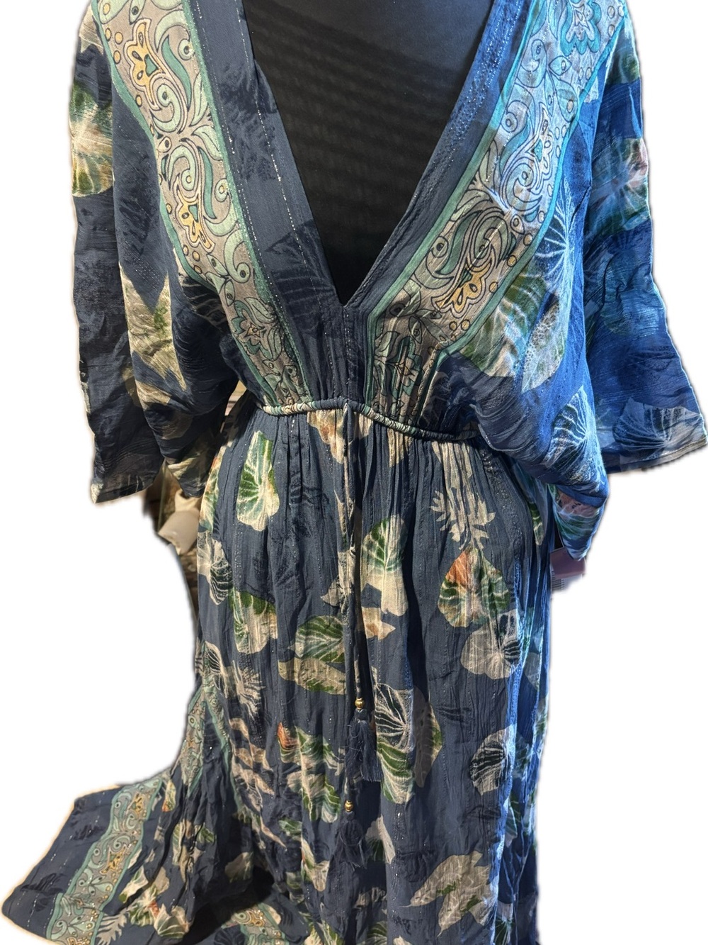 Boho Floral Deep V-Neck Navy Maxi Dress with Drawstring Waist Zury